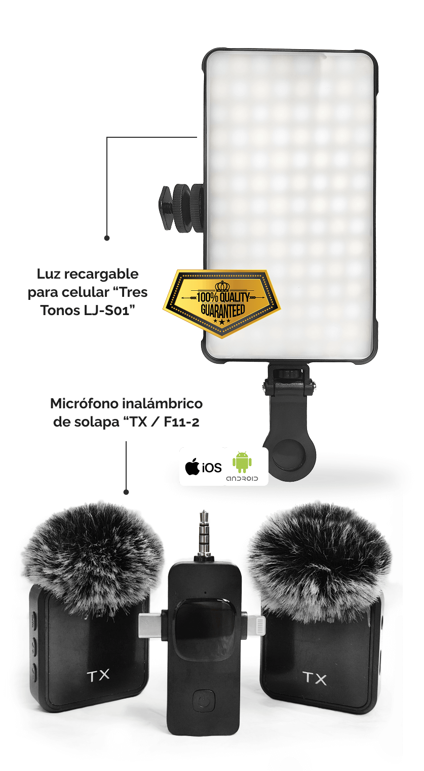 Combo de micrófonos F11-2 y Luz Led recargable tres tonos