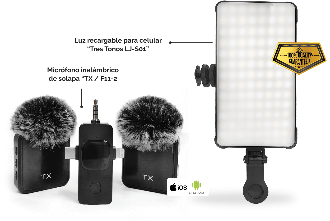 Combo de micrófonos F11-2 y Luz Led recargable tres tonos